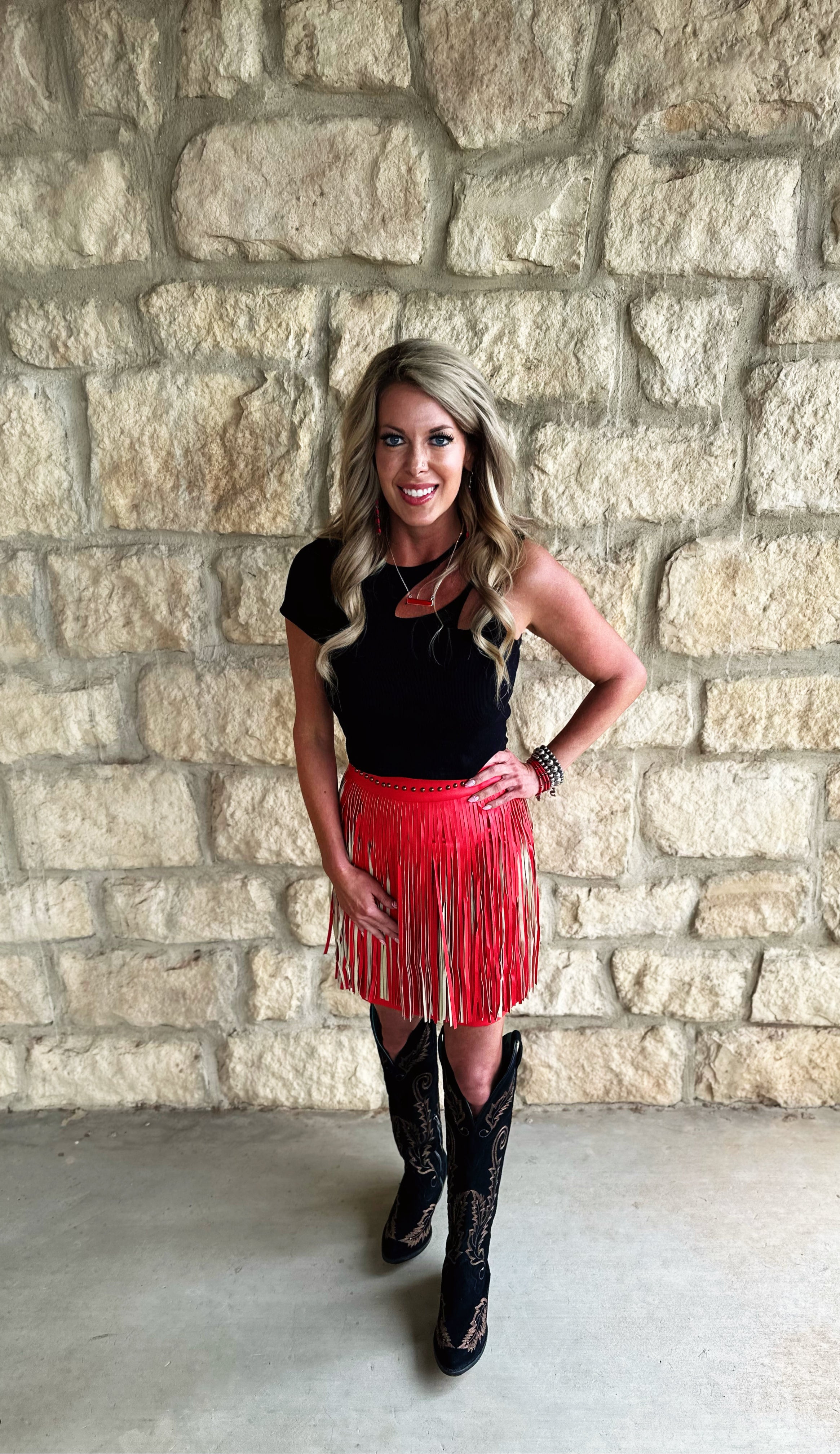 Red leather fringe skirt top